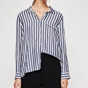 Zara basic Striped Blue and White Women's button down shirt Top sz medium